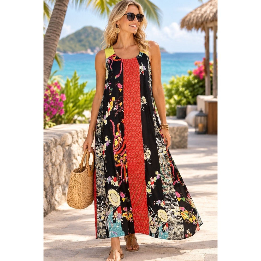 Citron Santa Monica Maxi Tank Dress~Sz 2XL~Black & Red Asian Multi Print Resort